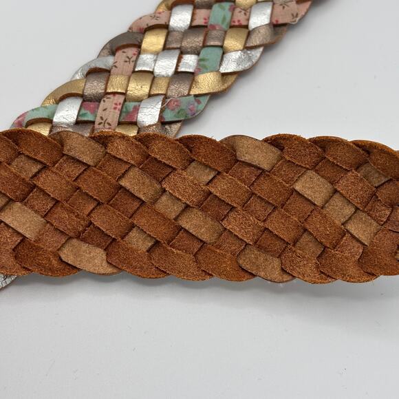 Fossil Leather Woven Belt Medium Brown Metallic Floral 1.25\